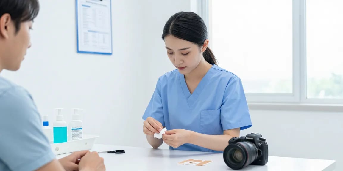 Sterile gauze being applied by a nurse during patient care in a clinical setting