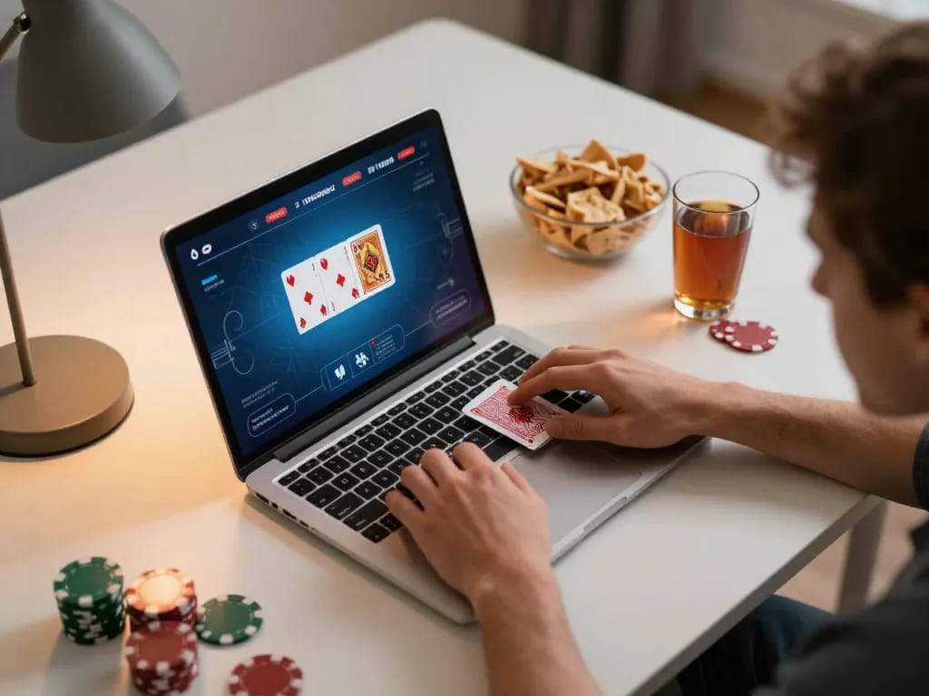 Player engaging in online poker game at home using sunwingo platform, snack and drink nearby, emphasizing strategic gameplay.