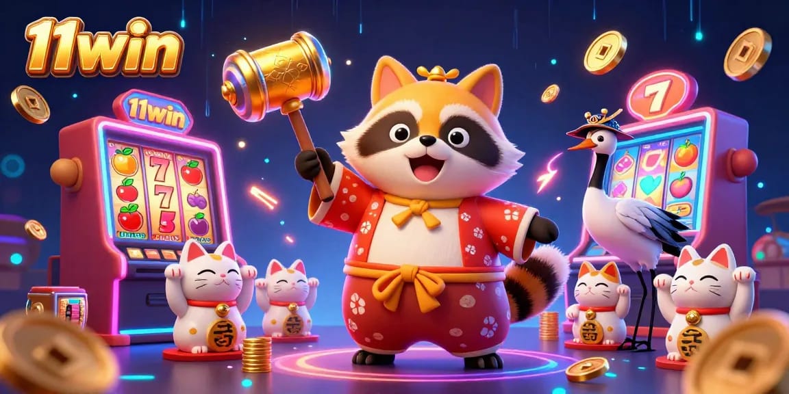 Join the fun with 11win as cheerful tanuki and lucky charms light up the slot machine action.
