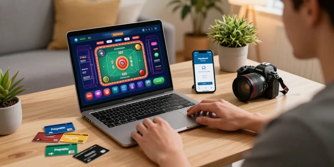 Szenario eines Paysafe Card Casinos mit einem Spieler an einem Laptop und einer farbenfrohen Spieloberfläche, das Sicherheit und Engagement betont.
