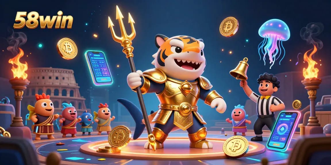 Engage in thrilling gameplay at 58win with dynamic tiger shark in an underwater colosseum.