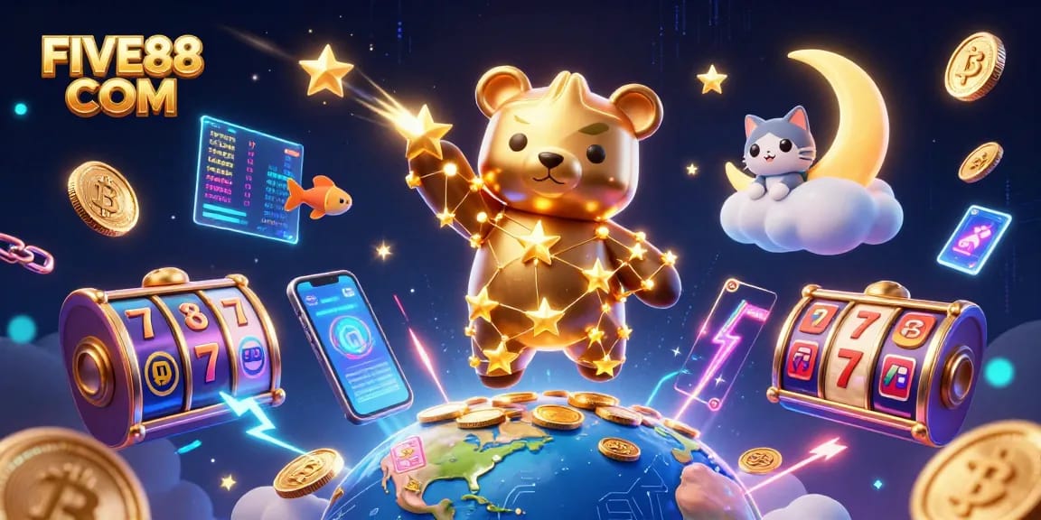 Engage with FUN slot rewards at FIVE88 COM with a constellation bear scooping coins!