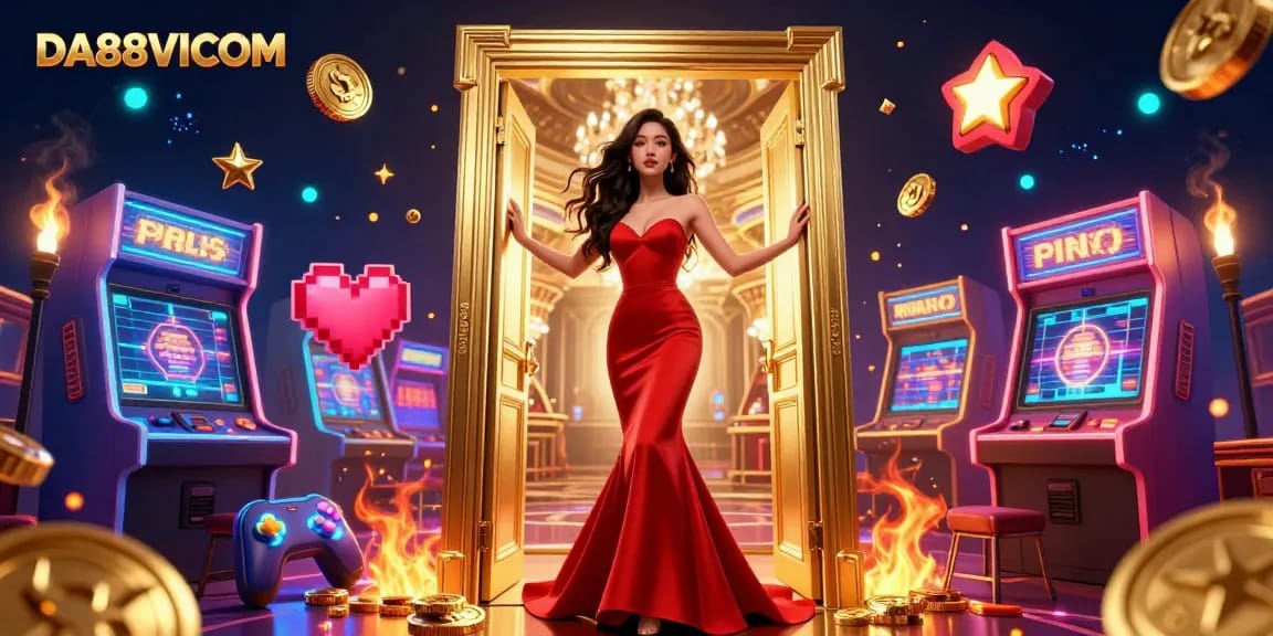 Engage with DA88VICOM's vibrant casino scene featuring a stylish Asian model amidst colorful gaming elements.