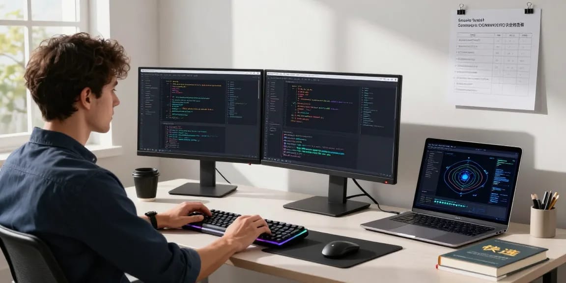快连 network optimization workspace with a developer coding, dual monitors displaying performance metrics, enhancing productivity.