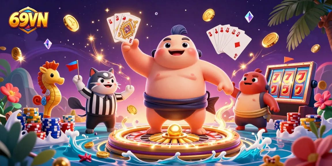 Experience thrilling gameplay at 69VN with festive underwater characters and dazzling casino elements.