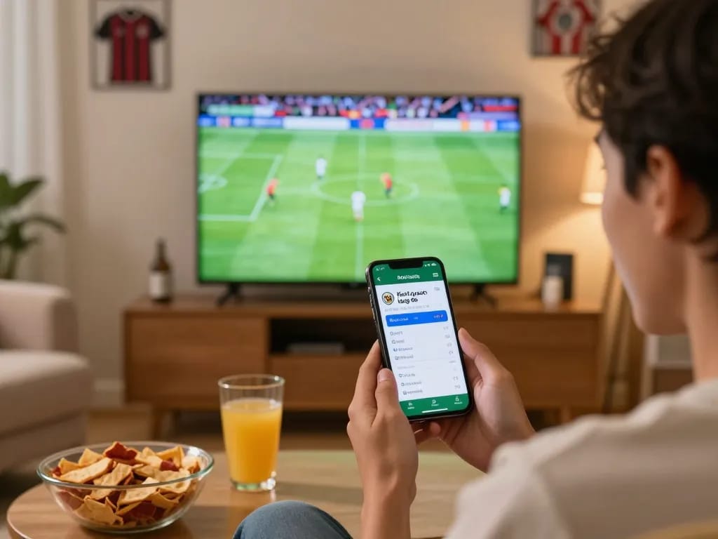 Kết quả bóng đá displayed on smartphone as excited person watches live match and places bets.