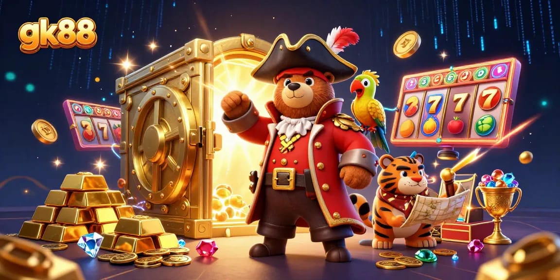 Experience exciting slots and jackpots with gk88 in a vibrant digital casino illustration.