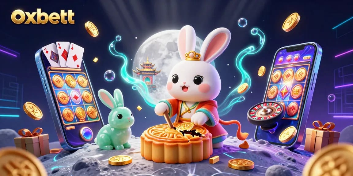Experience the thrill of oxbett with vibrant slot games illustrated by a moon rabbit on a lunar scene.
