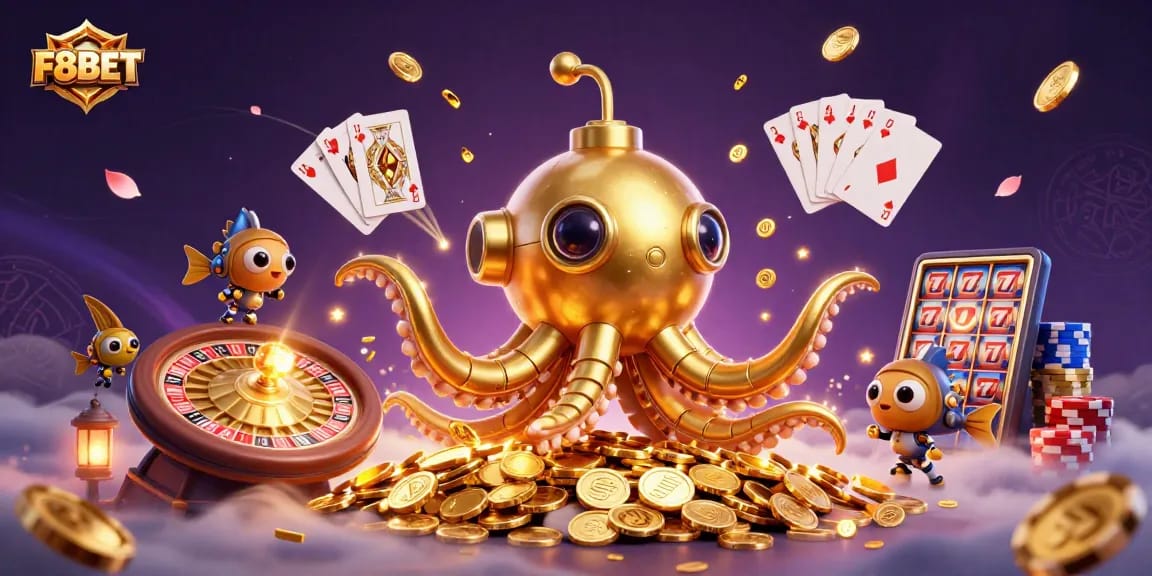 Experience thrilling gameplay with F8BET's vibrant 3D scene featuring a winning kraken and casino elements.