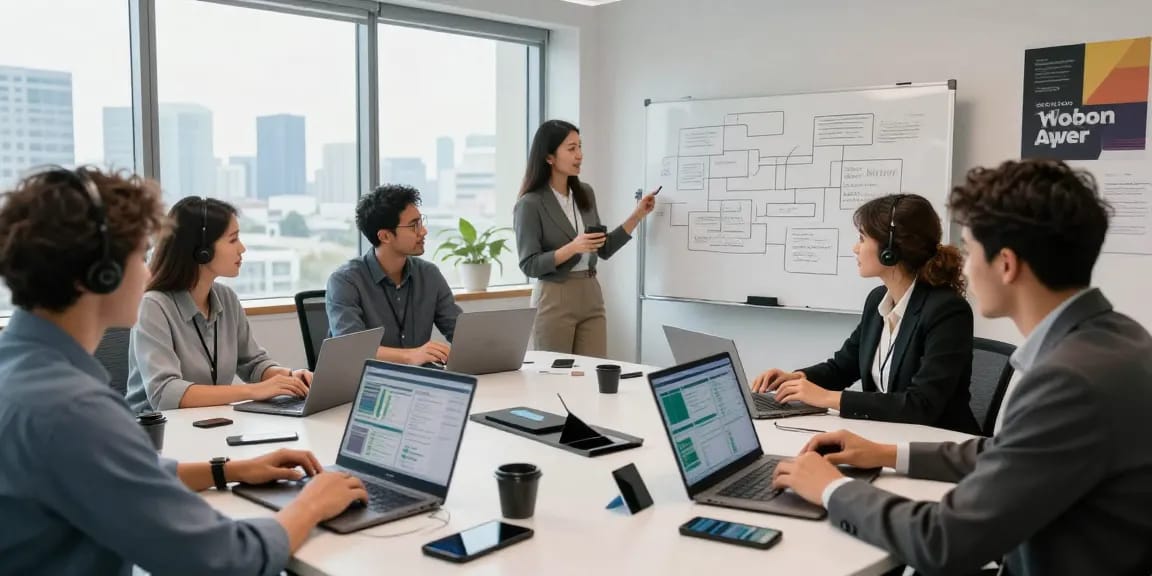 IT business support team collaborating in a modern office, showcasing technology and teamwork.