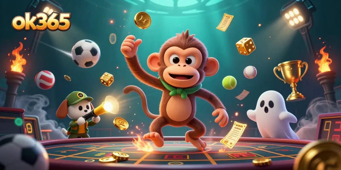 Experience fun gaming action at ok365 with a poltergeist monkey juggling golden casino treasures.