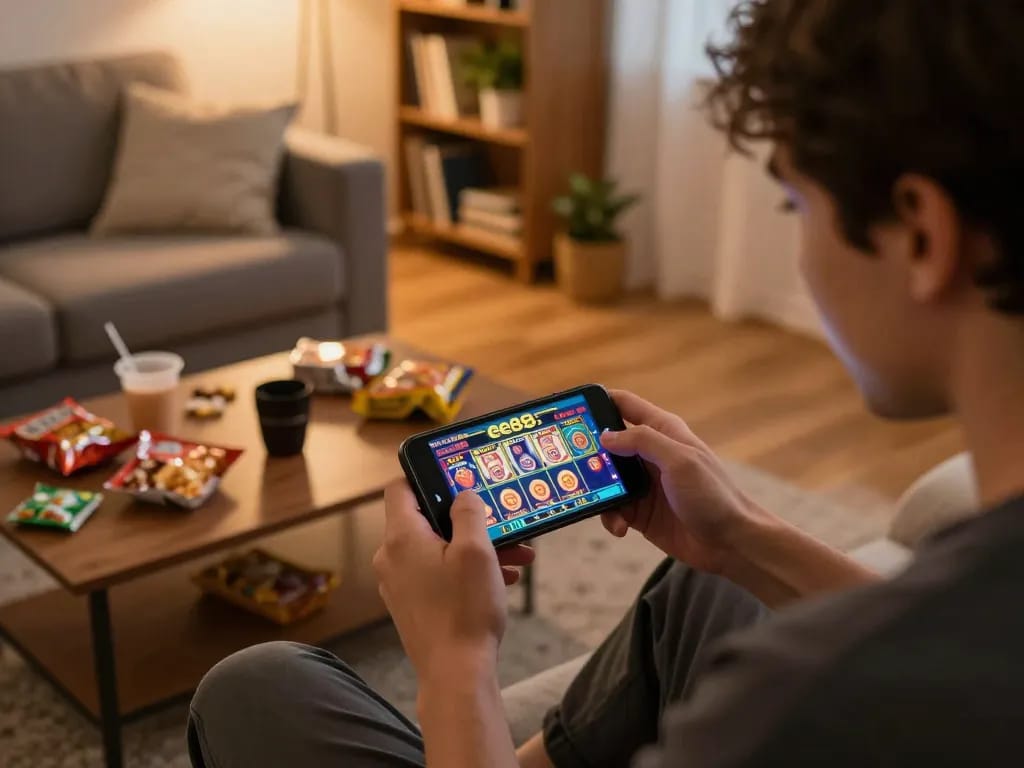 Player engaging with ee88 mobile casino app, showcasing excitement in a cozy home environment
