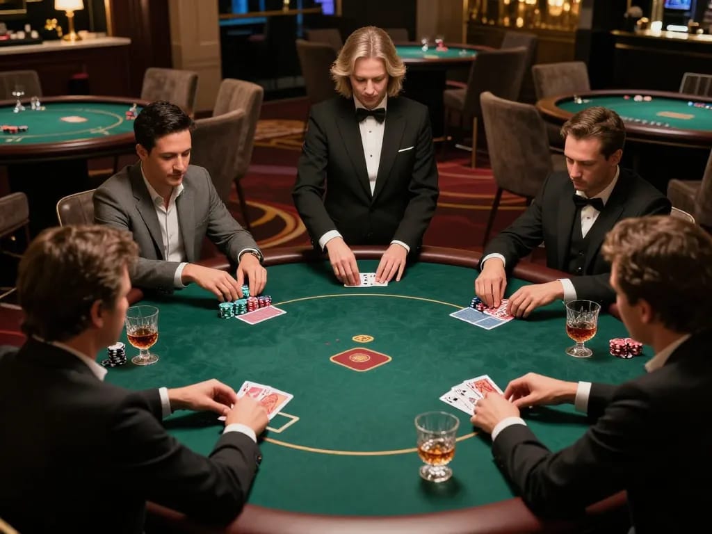 Players engaged in a high-stakes poker game at Lu 88's exclusive VIP area, showcasing luxury and strategic gameplay.