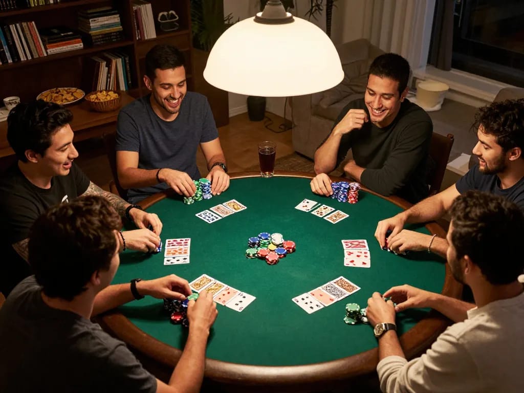 Experience the excitement of friendly poker games at home with 88vvgo, showcasing vibrant chips and engaged players.
