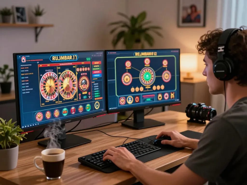 Player immersed in online casino gaming on jus77, showcasing multiple game interfaces in a cozy setup.