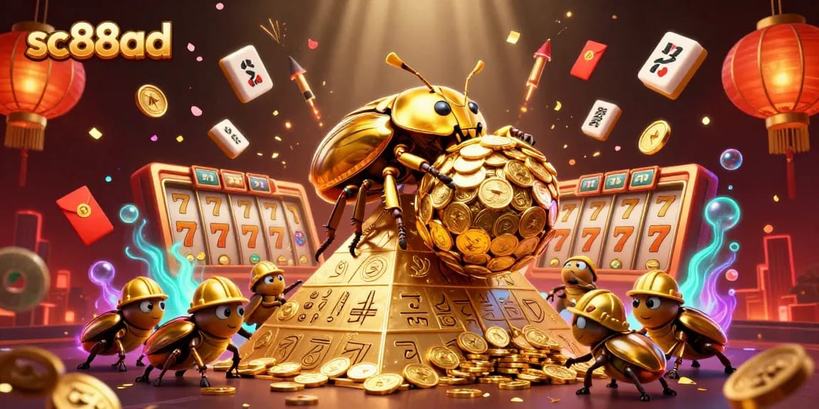 Spin and win with sc88ad's vibrant 3D casino illustration showcasing a golden dung beetle and slot reels