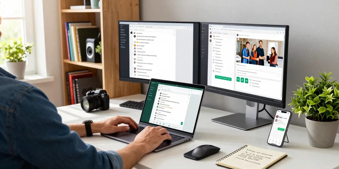 Using WhatsApp網頁版 on a sleek laptop in a modern workspace with dual monitors and communication tools.