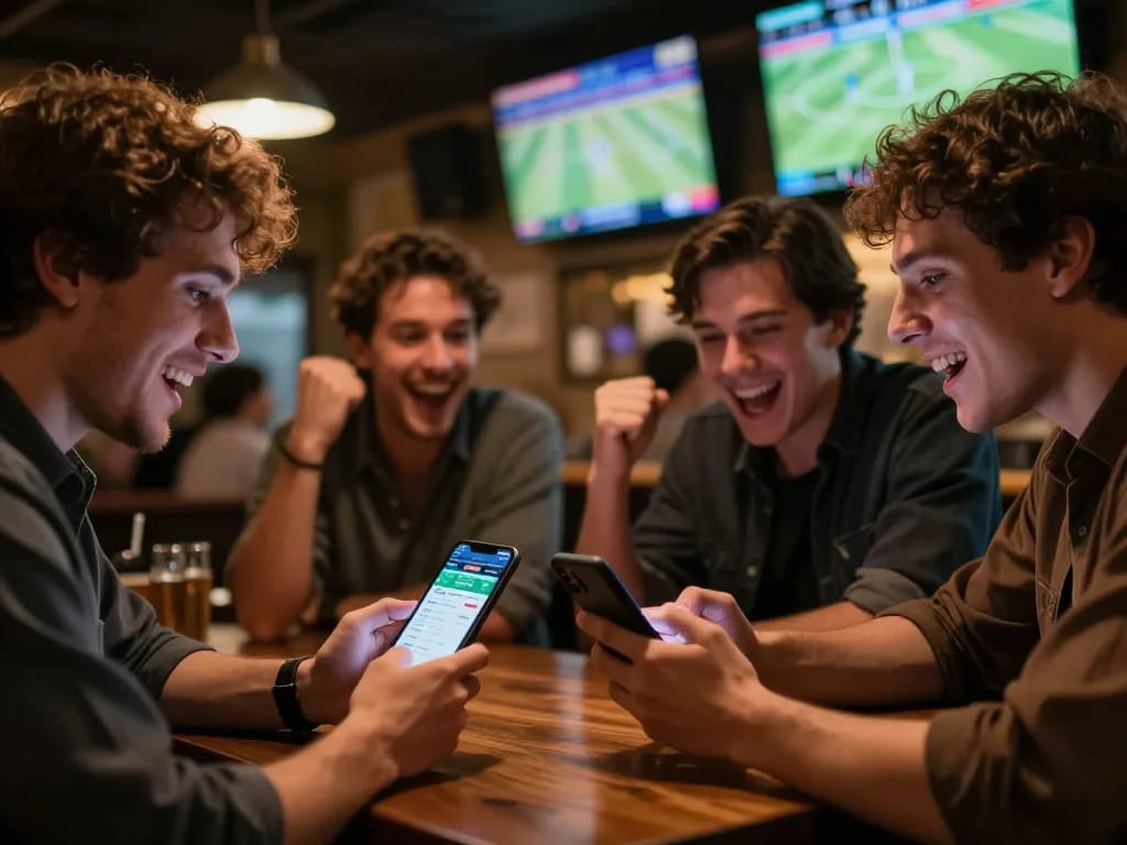 Excited sports betting action at UU 88 bar with friends celebrating live scores.
