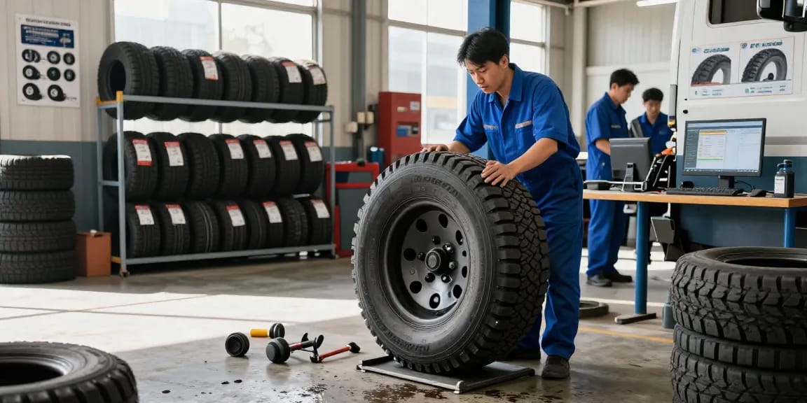 Mechanic inspecting Double Coin RR99 tires in an automotive service workshop.