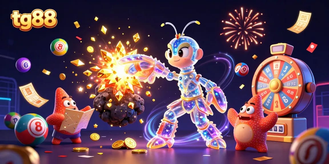 Experience tg88's vibrant gaming action with a colorful explosion of lottery balls and golden prizes.