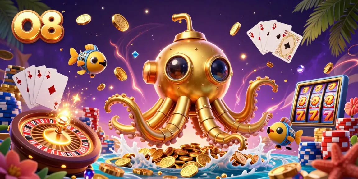 Experience thrilling wins at O8 with golden kraken submarine and dynamic casino elements.