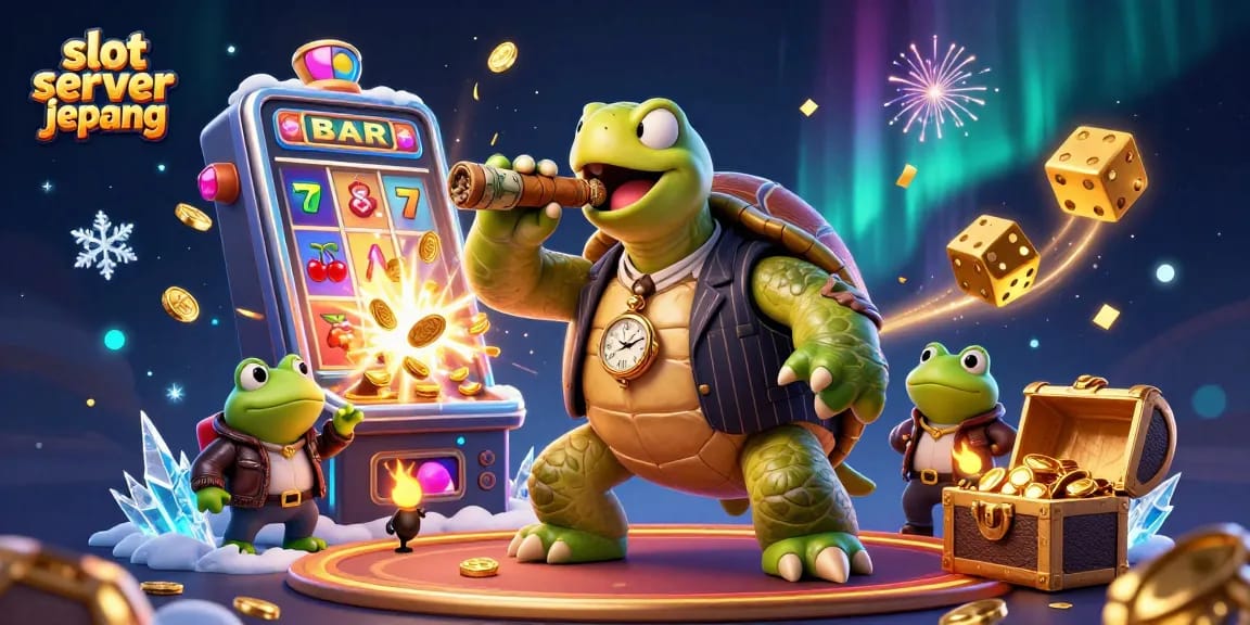 Experience vibrant action with slot server jepang, featuring a whimsical turtle mobster among dynamic gaming elements.