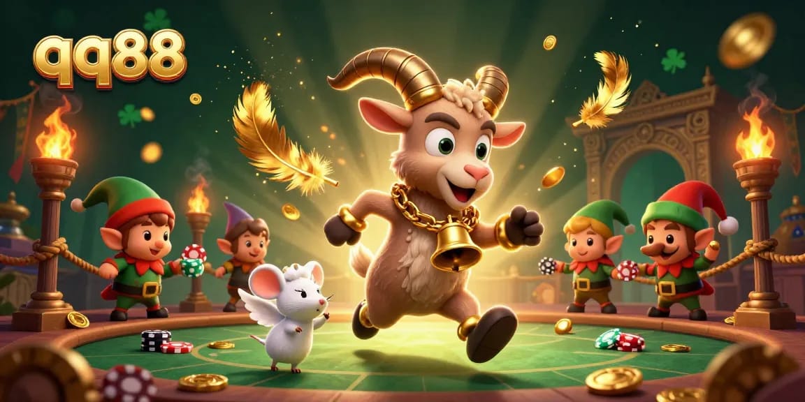 Experience the thrill of qq88 with a festive casino scene featuring mischievous characters.