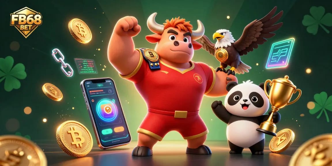 Join the excitement of FB68 BET with a bull mascot celebrating crypto wins in a vibrant casino setting!