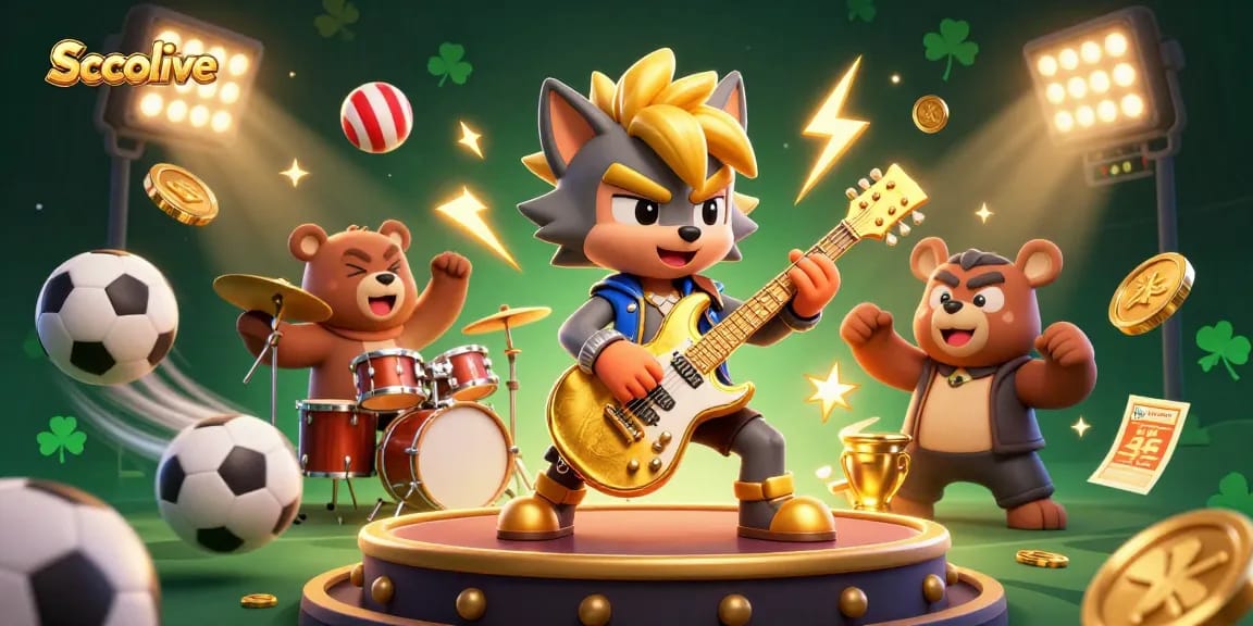 Socolive captivates with a dynamic casino scene featuring rock star wolf and sports elements.