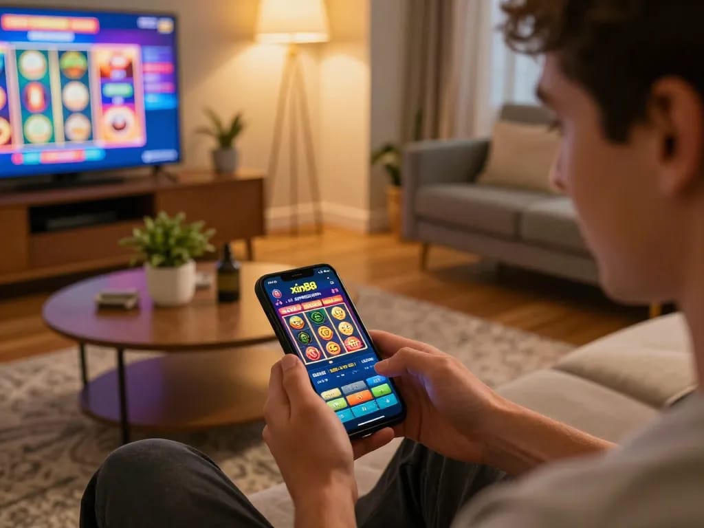 Playing games on the xin88 casino app on a smartphone in a cozy home setting