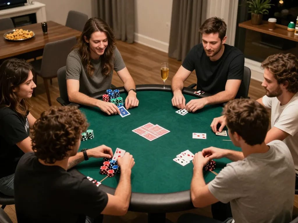 Players enjoying a poker night at home, showcasing Sunwin gameplay atmosphere with chips and cards on the table.