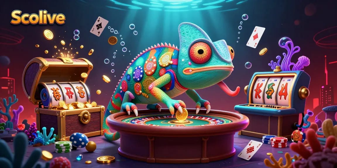 Experience thrilling gameplay with Socolive's vibrant 3D scene featuring dynamic casino elements and a captivating chameleon mascot.
