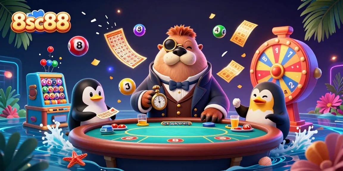 Join the exciting poker game at 8sc88, featuring a walrus player bluffing at an underwater casino table.
