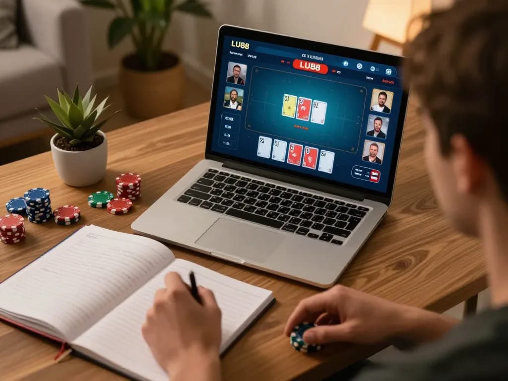 Player analyzing strategy while enjoying an online LU 88 poker game in a cozy home setup.