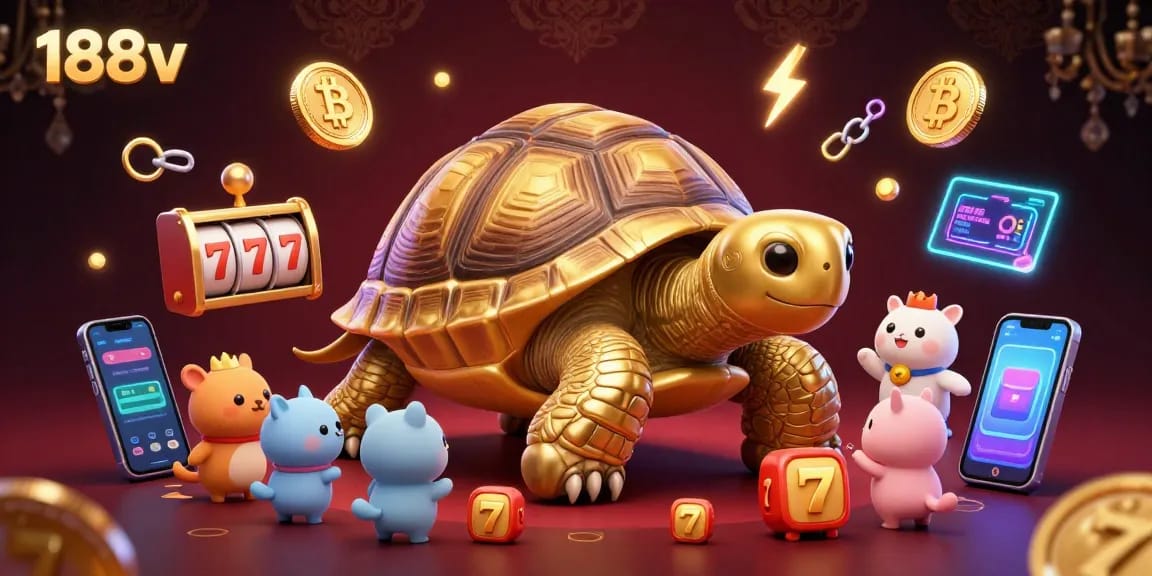 Experience the excitement of 188v with a giant pinball tortoise in a vibrant casino setting full of dynamic elements.