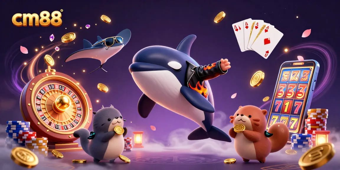 Experience the vibrant excitement of cm88 with orca and otters among golden coins and casino games.