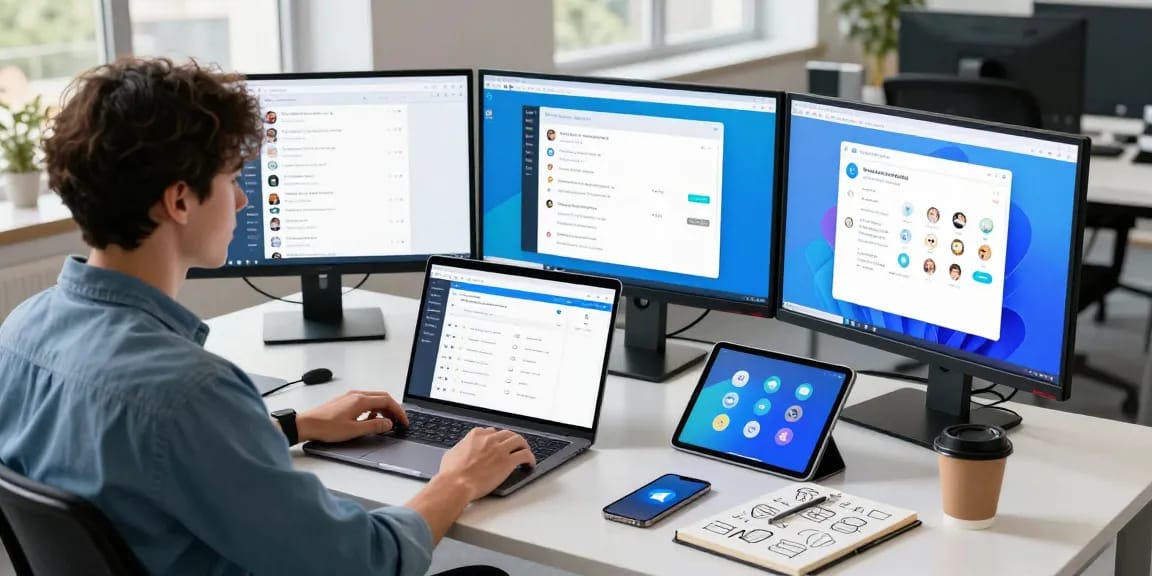Discover Telegram Download features on multiple screens in a modern workspace setup.