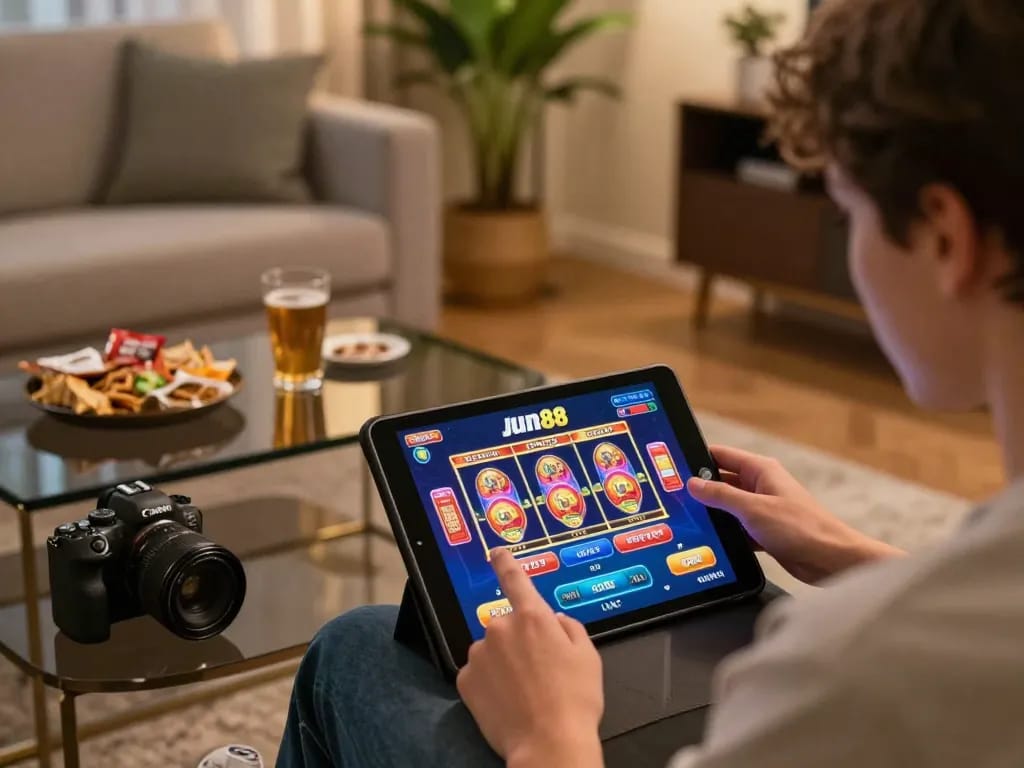 Engaging in online casino gaming with Jun88 phiên bản 2 on a tablet in a cozy home setting