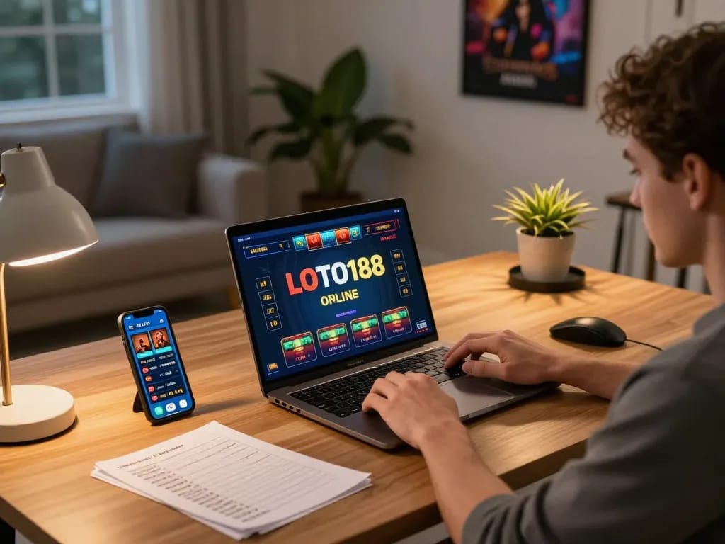 Player engaging with LOTO188 online games on a laptop, showcasing a responsible gaming environment.