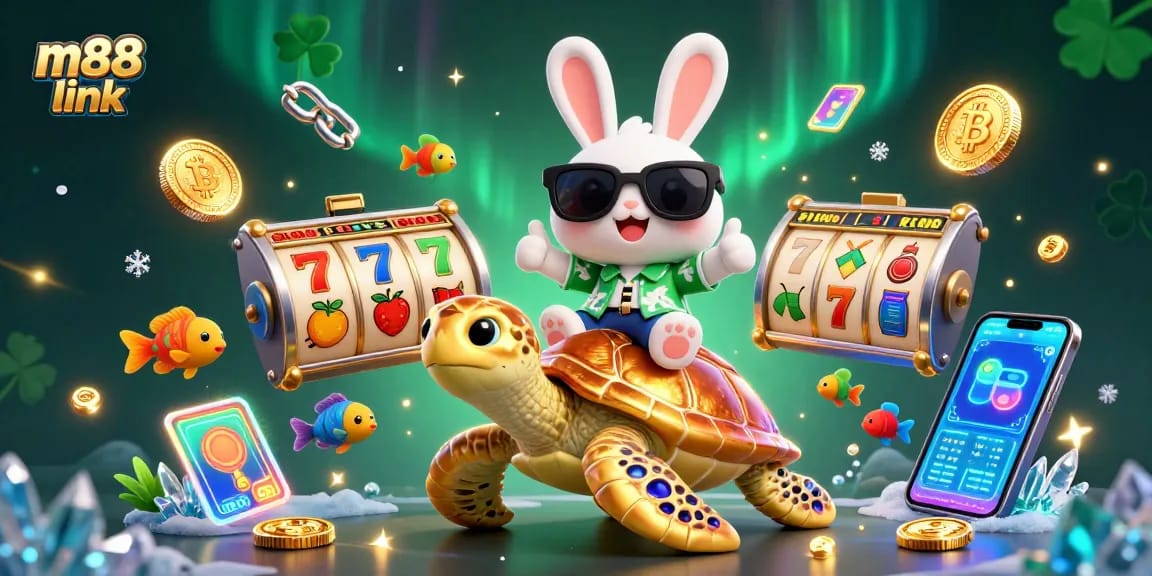 Engage with m88 link, featuring a lucky rabbit on a golden turtle amongst vibrant slot machines and crypto elements.