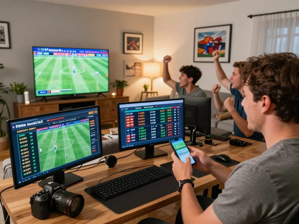 Excited viewers placing bets on socolive2 while watching a live sports event in a cozy home