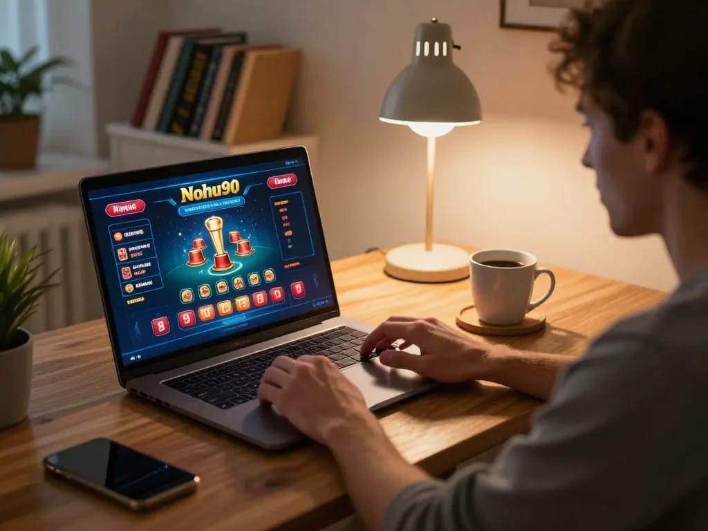 Nohu90 player strategizing for an online casino game at home