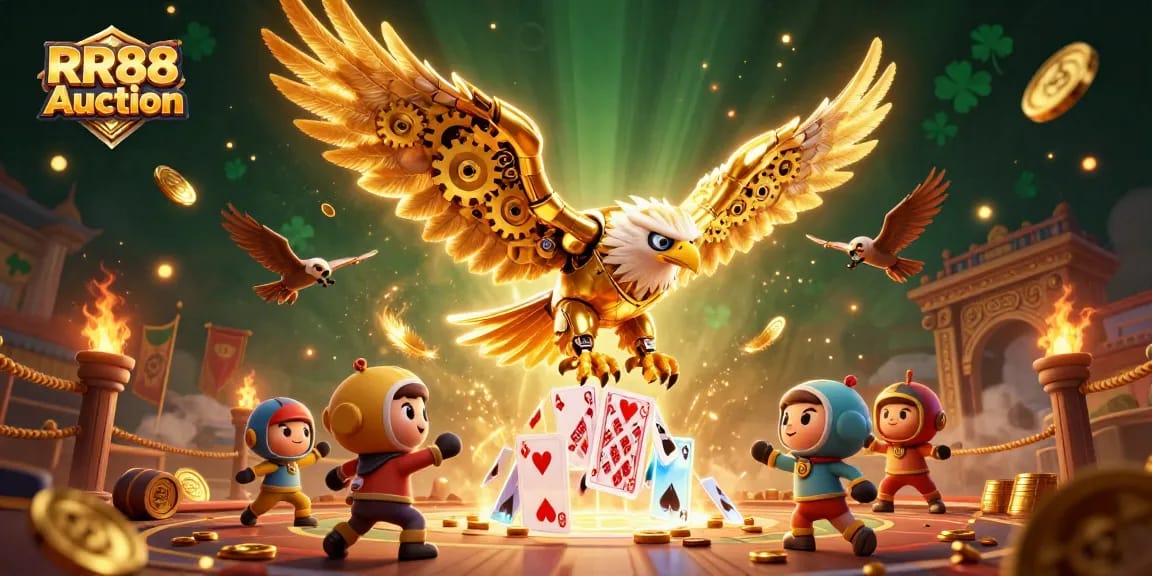 Engage in RR88 Auction with a vibrant illustration of a cybernetic golden eagle amidst holographic cards and gold tokens.