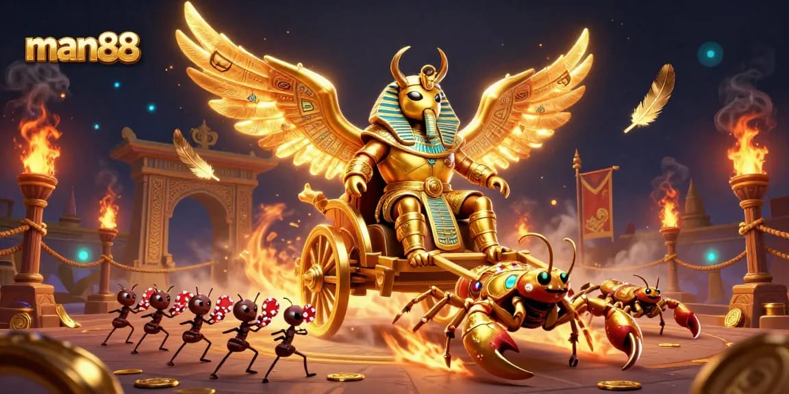 Engage with man88's thrilling casino adventure featuring a golden scarab beetle and scorpion chariot.