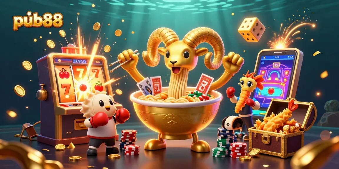 Experience thrilling gameplay with pub88's vibrant 3D casino illustration, showcasing action-packed characters.