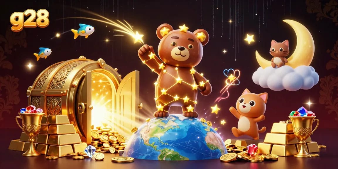 G28 brings fortune with cartoon characters scooping coins in a vibrant casino scene.
