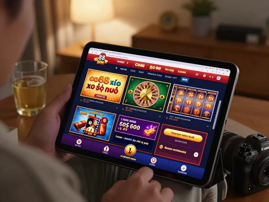 Engaging scene of online gaming featuring co88 xổ số on a tablet, cozy home environment with vibrant game interface.