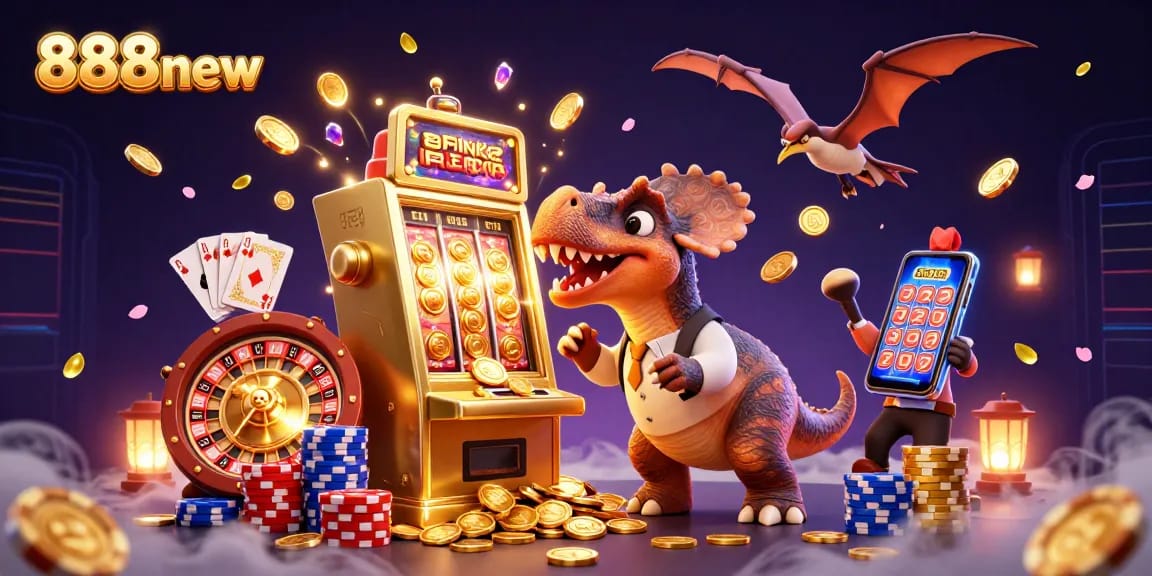 Experience the thrill of 888new as a pachycephalosaurus wins jackpots in a vibrant casino scene.