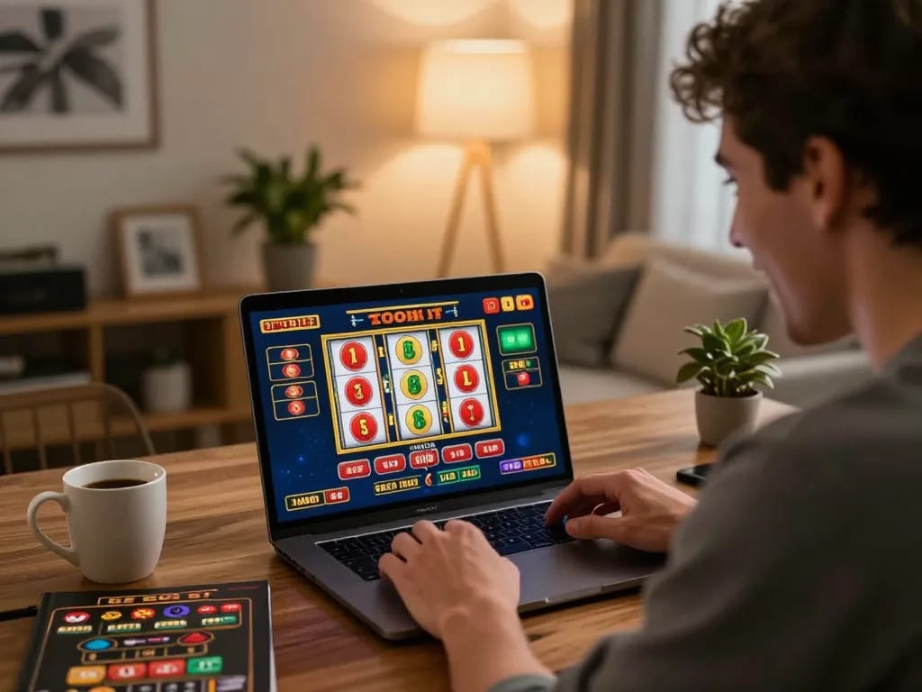 Player enjoying an online gaming experience with vb88game on a stylish laptop in a cozy home setting