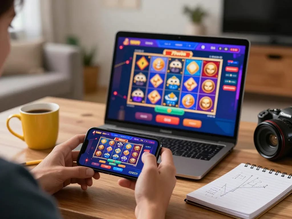 Engaging online gaming experience at 79win, showcasing vibrant casino app interface and cozy home setup.